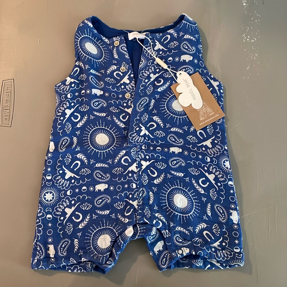 Angel Dear NWT 100% Organic Cotton Muslin Americana Blue Bandana Shortie Romper